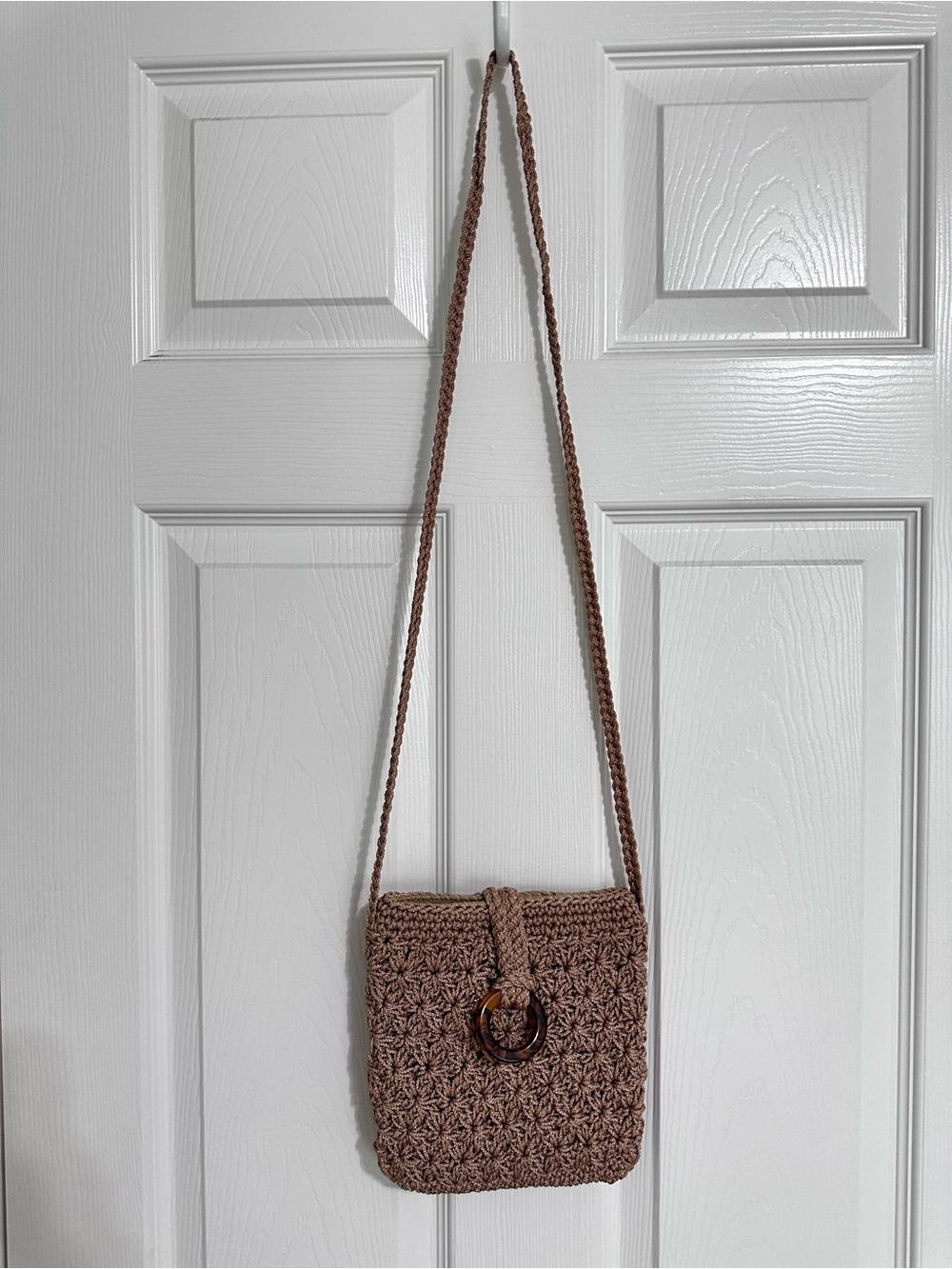 Woven Taupe Crochet Shoulder Bag with Tortoiseshell Ring
